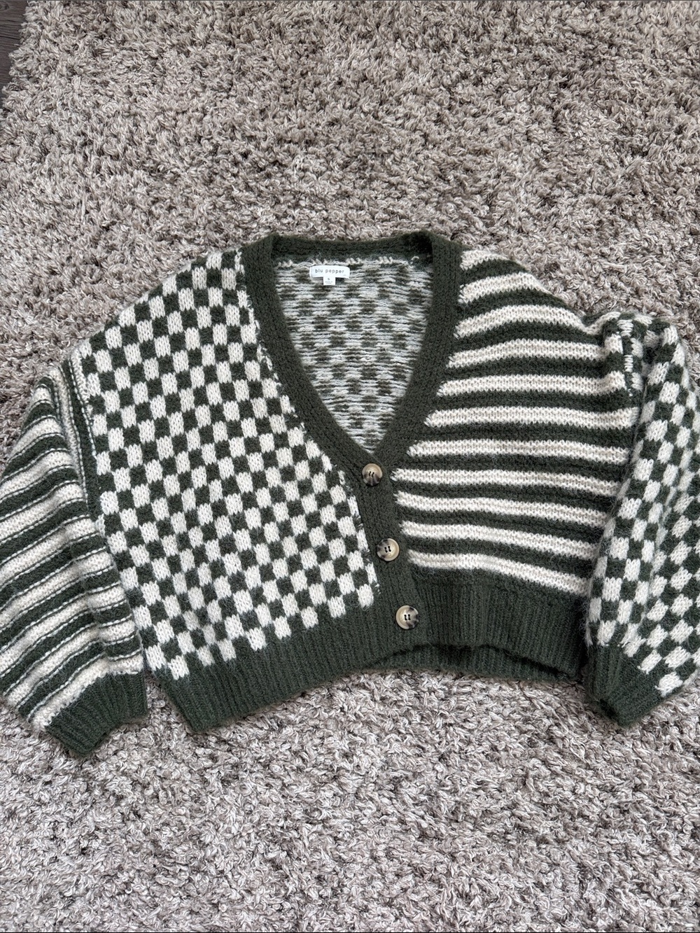Blu Pepper Olive Green & Cream Mixed Pattern V-Neck Cardigan